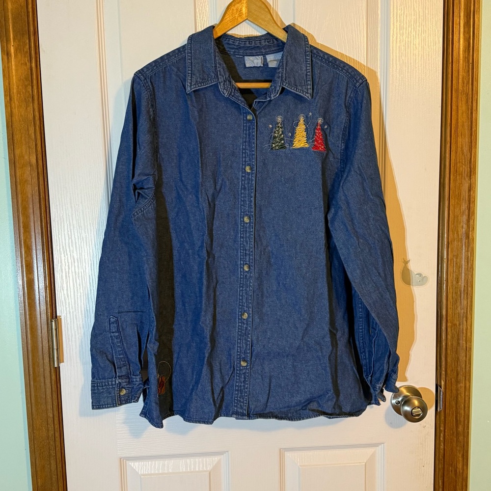 Holiday Basics Denim Button Up with Christmas Embroidery XL